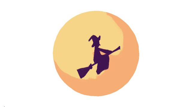 Halloween witch silhouette flying on broomstick in front of full moon minimalist vector illustration