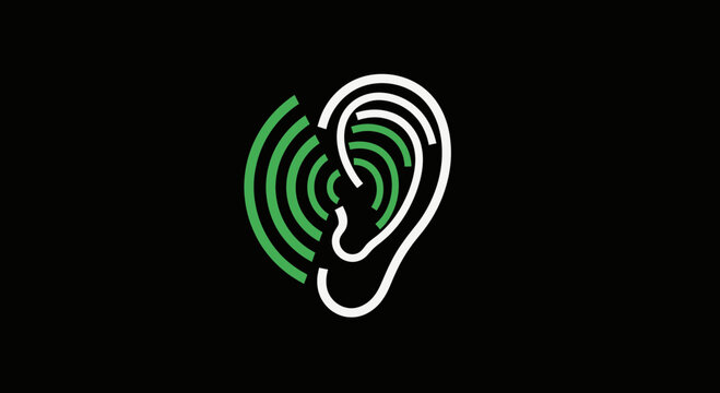 Minimalistic Illustration Of The Human Ear Receiving Soundwaves On Black Background