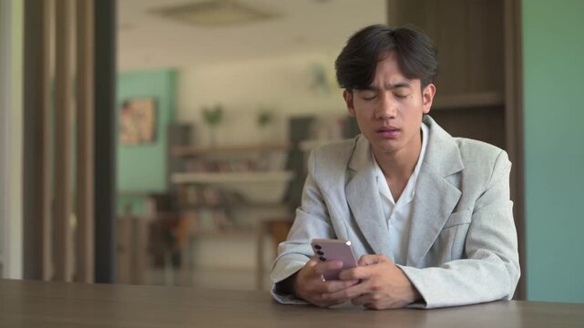 Focused young businessman sitting in library using phone and thinking while looking away