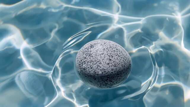Initial ripples nudging round speckled stone bobbing rotating in turquoise pool with sun caustics
