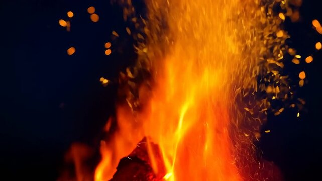 Flaring burning logs growing as breeze lifts embers at night, sending glowing sparks, warming camp