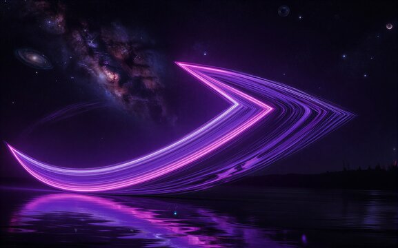 Purple light trails soar through starry sky, reflecting on dark water below.