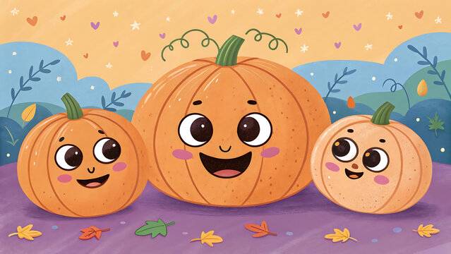 Three cartoon pumpkins with smiling faces on purple ground with autumn leaves orange background