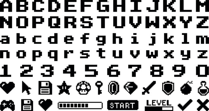 Retro pixel font and gaming UI elements collection with alphabet, numbers, icons, and arcade interface vector illustration set