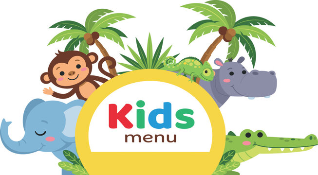 Kids menu template banner featuring cute cartoon jungle animals monkey elephant crocodile hippo and palm trees vector illustration isolated on white background