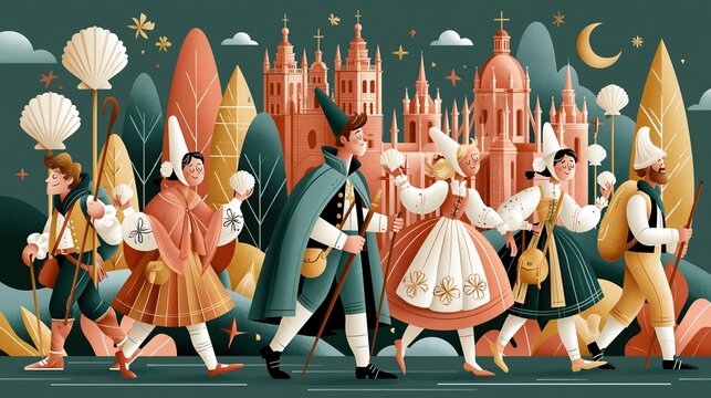 Flat vector illustration, festive scene of Fiesta de Santiago, Santiago de Compostela Cathedral in background, pilgrims with scallop shells and walking sticks, folk dancers in traditional costumes