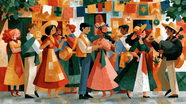 Gouache painting illustration, festive Fiesta de Santiago street scene, folk dancers and gaitero bagpiper, thick expressive brushstrokes