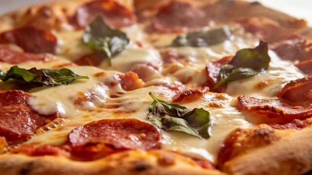 Camera zooming on pepperoni pizza showing cheese stretching on table, showcasing crust and basil