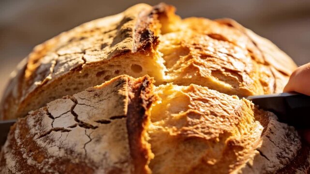 Placing serrated knife across scored crust, hand sawing loaf at kitchen counter, revealing crumb
