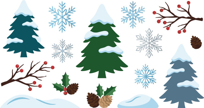 Winter forest elements collection with snowy pine trees, snowflakes, pinecones, berries, and festive nature cartoon vector illustration set