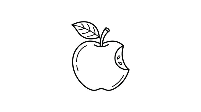 Minimalist bitten apple vector icon, hand drawn fruit line art with leaf, simple black and white apple outline for healthy food logo design