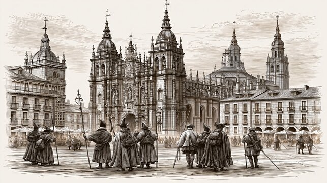 Vintage engraving illustration, detailed woodcut style depiction of Santiago de Compostela Cathedral with pilgrims and staffs, crosshatching texture, black and white with sepia tint