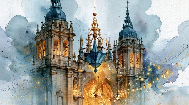 Watercolor illustration, Santiago de Compostela Cathedral towers with the Botafumeiro swinging inside, soft washes of golden and blue tones, loose expressive brushstrokes
