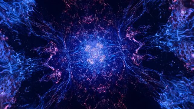 Pulsing mandala core brightening in void as glowing nodes traveling along filaments toward center