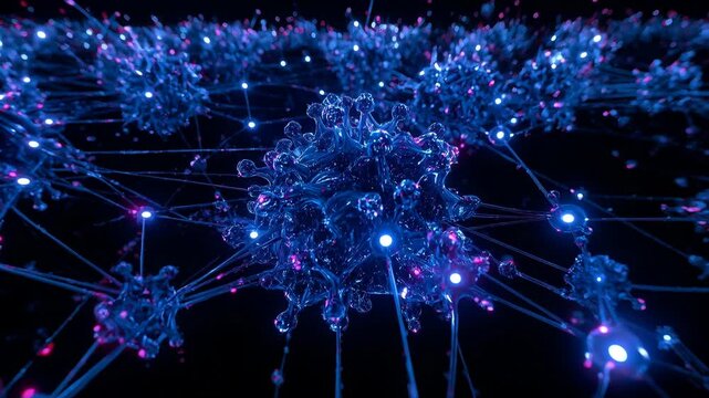 Pulsing main node sending signals along struts in void as camera moving closer, showing neon cores