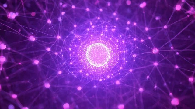 Pulsing particle core sending outward motion to reveal links in dark web, lighting nodes