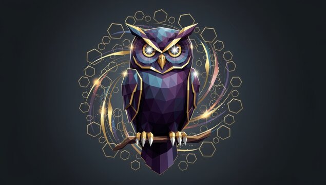 A colorful owl perched on a branch with geometric patterns and gold accents