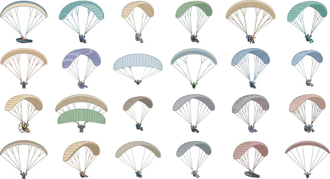 Group of paragliders and parachutes in flat vector style for extreme sports and outdoor events