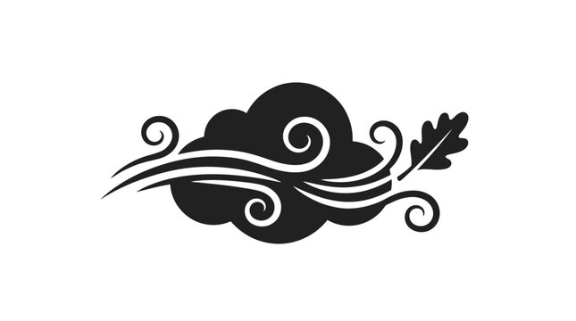 Black silhouette icon of a windy cloud with a swirling gust and autumn oak leaf.
