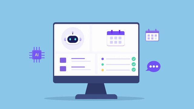 Animated flat vector dashboard featuring an AI assistant, calendar scheduling, task interface, and communication icons. Modern technology animation for planning, productivity, and workflow management.