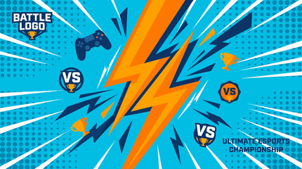 A competitive gaming logo features a bold orange lightning bolt with game controllers and VS symbols on a blue background with white streaks and dots. © Fendi
