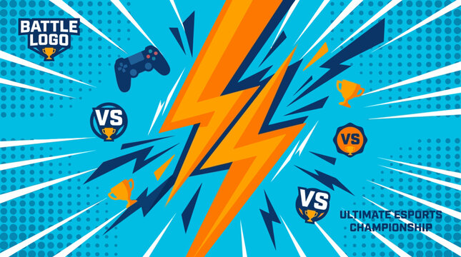 A competitive gaming logo features a bold orange lightning bolt with game controllers and VS symbols on a blue background with white streaks and dots.