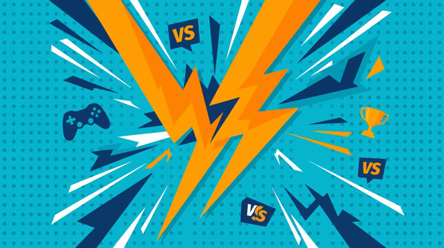 A vibrant illustration of gaming elements exploding in a blue environment with orange accents