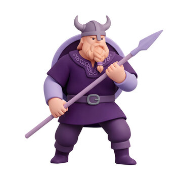 3D cartoon viking warrior with spear and shield