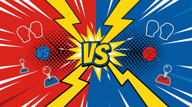 A competitive sports event with boxing gloves and balls facing off in a dramatic explosion of red and blue