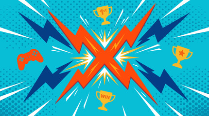 A vibrant illustration of a gaming competition scene with trophies and controllers exploding in a dynamic graphic design. © Fendi