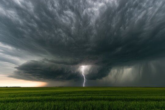 Dramatic Lightning Strike Illuminates Massive Supercell Thunderstorm Over Green Field.