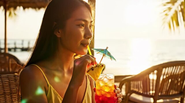 Asian woman drinking cold cocktail with straw at beach bar. Vacation leisure time during sunset. Tropical resort lifestyle and travel relaxation concept by ocean