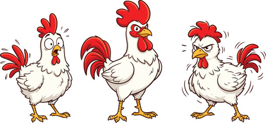 Funny White Rooster and Chicken Cartoon Characters Icon Collection with Shocked, Proud, and Angry Facial Expressions for Farm and Animal Graphics © Nayem