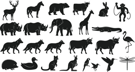 Obraz premium Set of 21 animal silhouette icons including mammals, birds, and insects for wildlife and nature designs