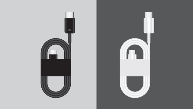Black and white usb cables coiled up on gray and dark backgrounds for charging and data transfer purposes with modern design