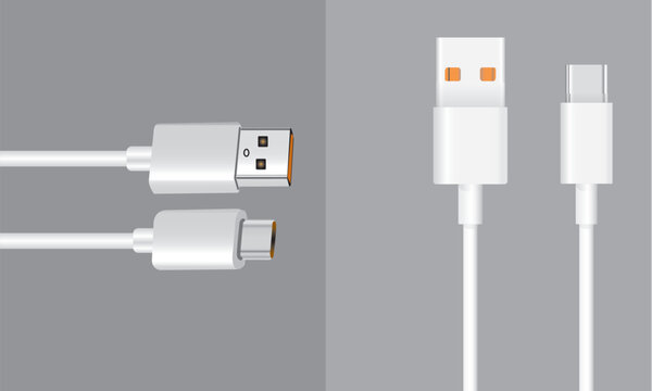 White usb cables with usbc and usba connectors on a gray background for charging and data transfer purposes easily
