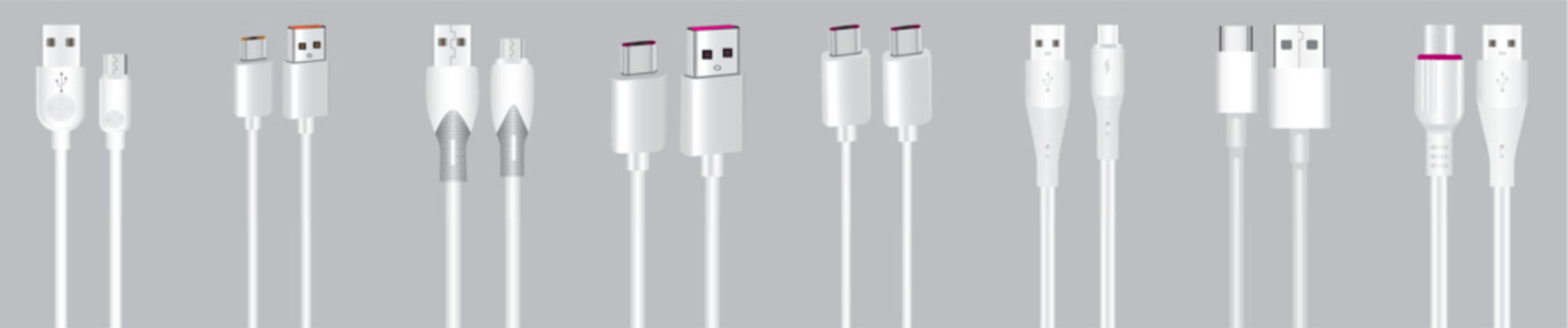 Collection of various white electronic cables and connectors on gray background for technology and accessory concepts