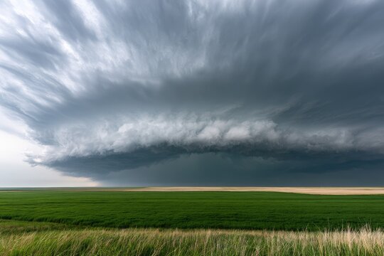 Massive Supercell Thunderstorm Approaching Over Green Field.