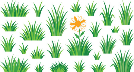 Fototapeta premium Green Grass Tufts and Summer Flower Vector Icon Set for Nature Landscape Designs, Spring Gardening Layouts, Ecosystem Illustrations, and Pattern Elements
