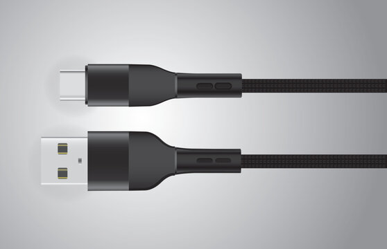 Black usb cable with usbc and usba connectors on a gray gradient background for charging and data transfer purposes efficiently