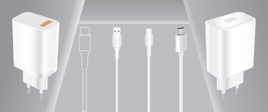 White electronic wall chargers and cables for mobile devices on gray background for tech and gadget concepts
