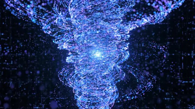 Digital data tornado vortex with glowing blue particles swirling in dynamic swirl, creating futuristic energetic visual and technology concept effect