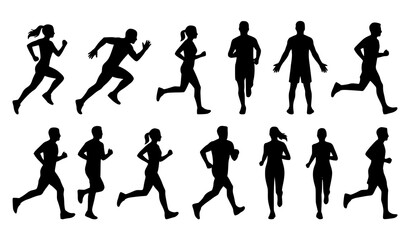 Obraz premium Jogging Men and Women Silhouette Vector Set with Dynamic Running Poses Isolated on White Background