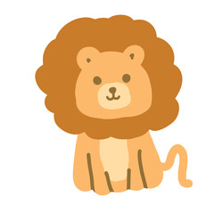 Fototapeta premium Cute kawaii baby lion sitting with fluffy brown mane and smiling face on white background, flat design animal cartoon vector illustration