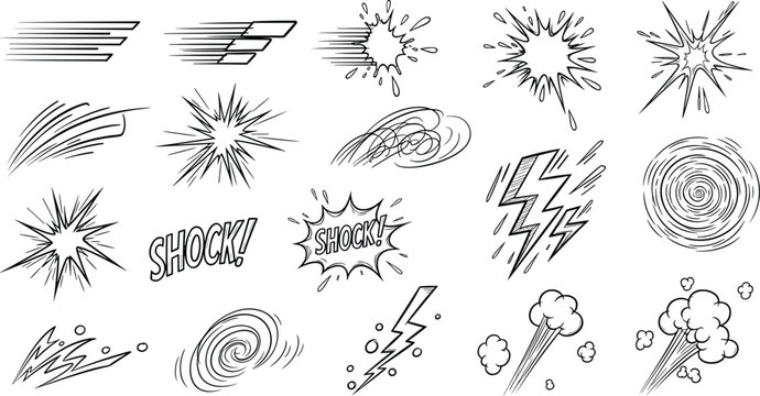 Set of comic speed lines, motion effects, explosions, action elements, manga flashes, shock symbols, energy bursts, vector illustration