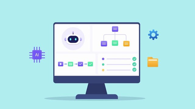 Animated flat vector dashboard featuring an AI assistant, workflow blocks, folders, and settings icons. Modern technology animation for process automation, organization, and digital management.