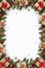 Fototapeta premium Colorful Christmas Decorations With Gifts and Ornaments Arranged Around a Blank Space
