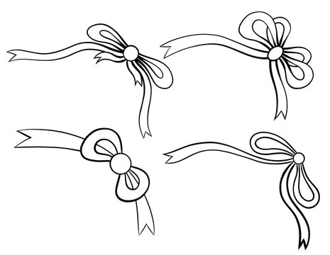 Vector set of contour rococo ribbons. Collection of line art bows for weddings and birthdays. Feminine outline borders for invitation.