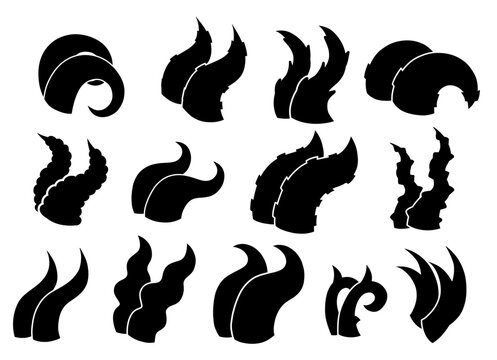 Vector set of black silhouette of devil horns side view. Mythology and witchcraft accessories. Collection of magical fantasy horns clip arts for game icons and stickers.