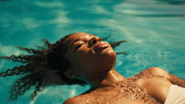 African american woman floating on her back in a swimming pool. Girl resting in blue water while sunbathing. Leisure activity and recreation concept for vacation